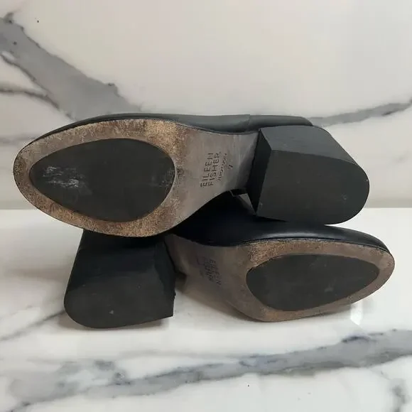 Eileen Fisher Women's Classic Minimalist Black Leather Stacked Heel Boots Sz 7 - Picture 8 of 8